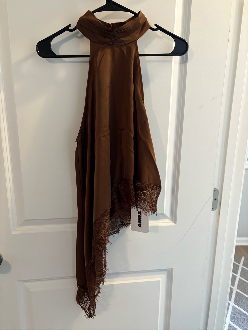 Brown Satin Halter Top with Lace Trim